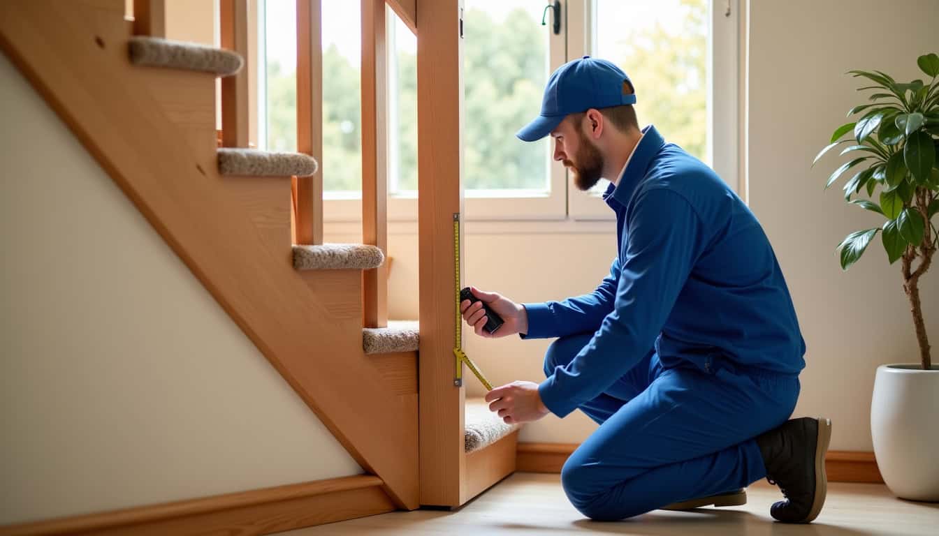 Technicien en train de mesurer un escalier à Parné-sur-Roc pour installation de monte-escalier