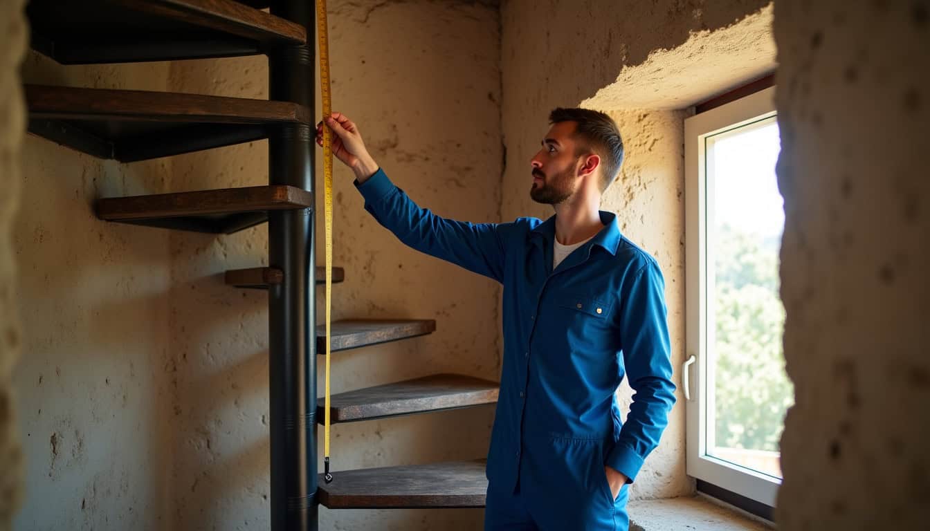 Technicien en train de mesurer un escalier à Peyruis avant installation