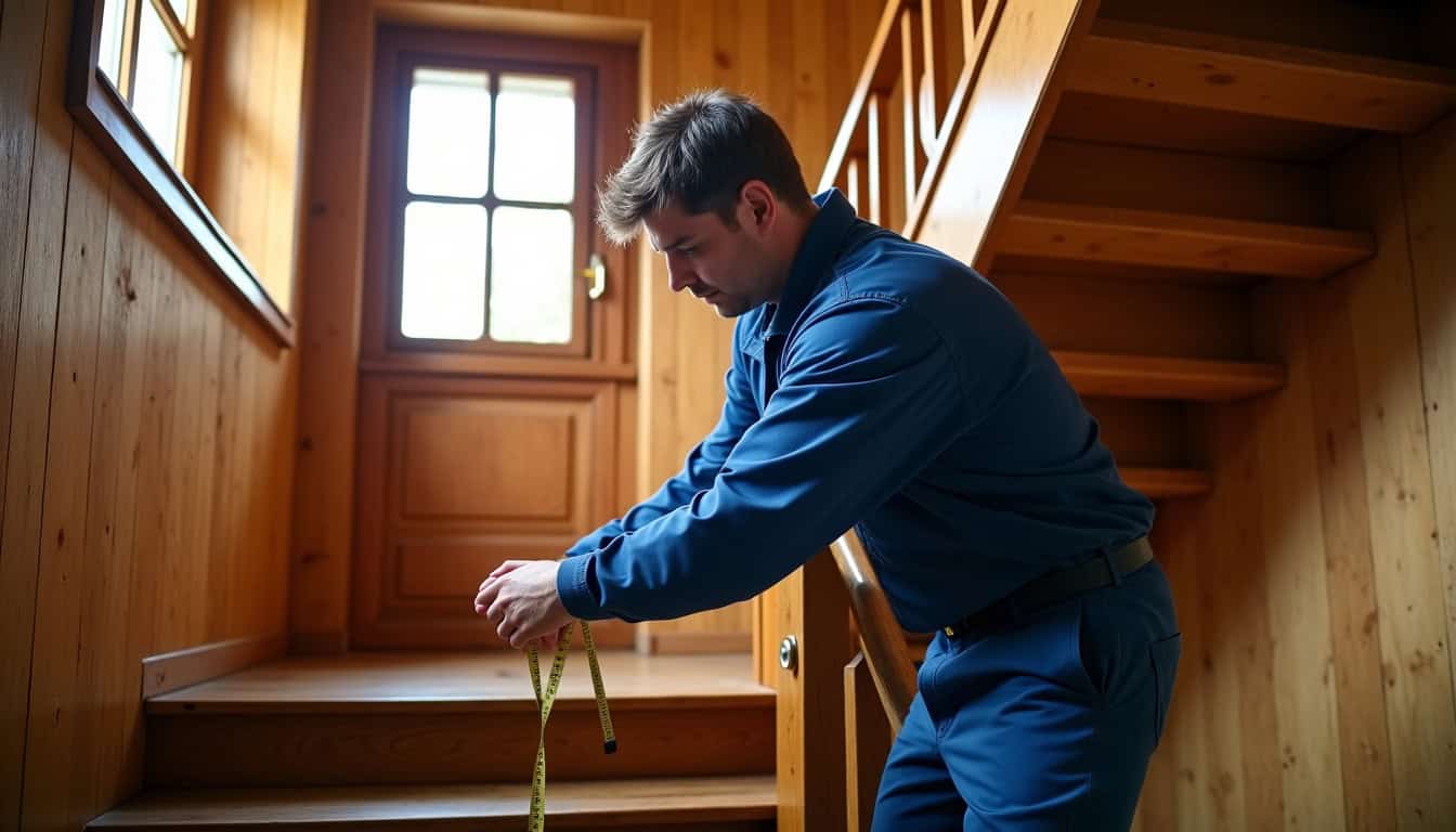 Technicien en train de mesurer un escalier à Quincampoix pour l