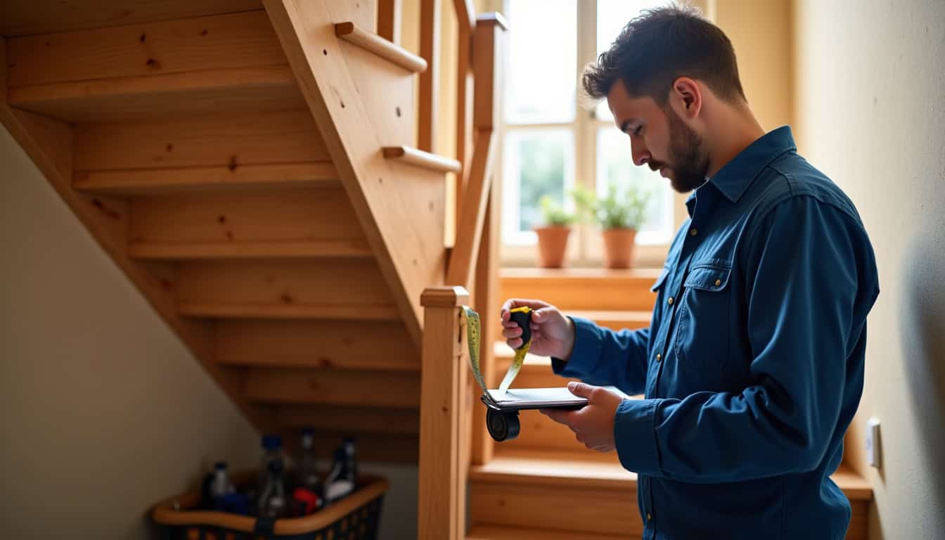 Technicien en train de mesurer un escalier à Riaillé pour installation d’un monte-escalier