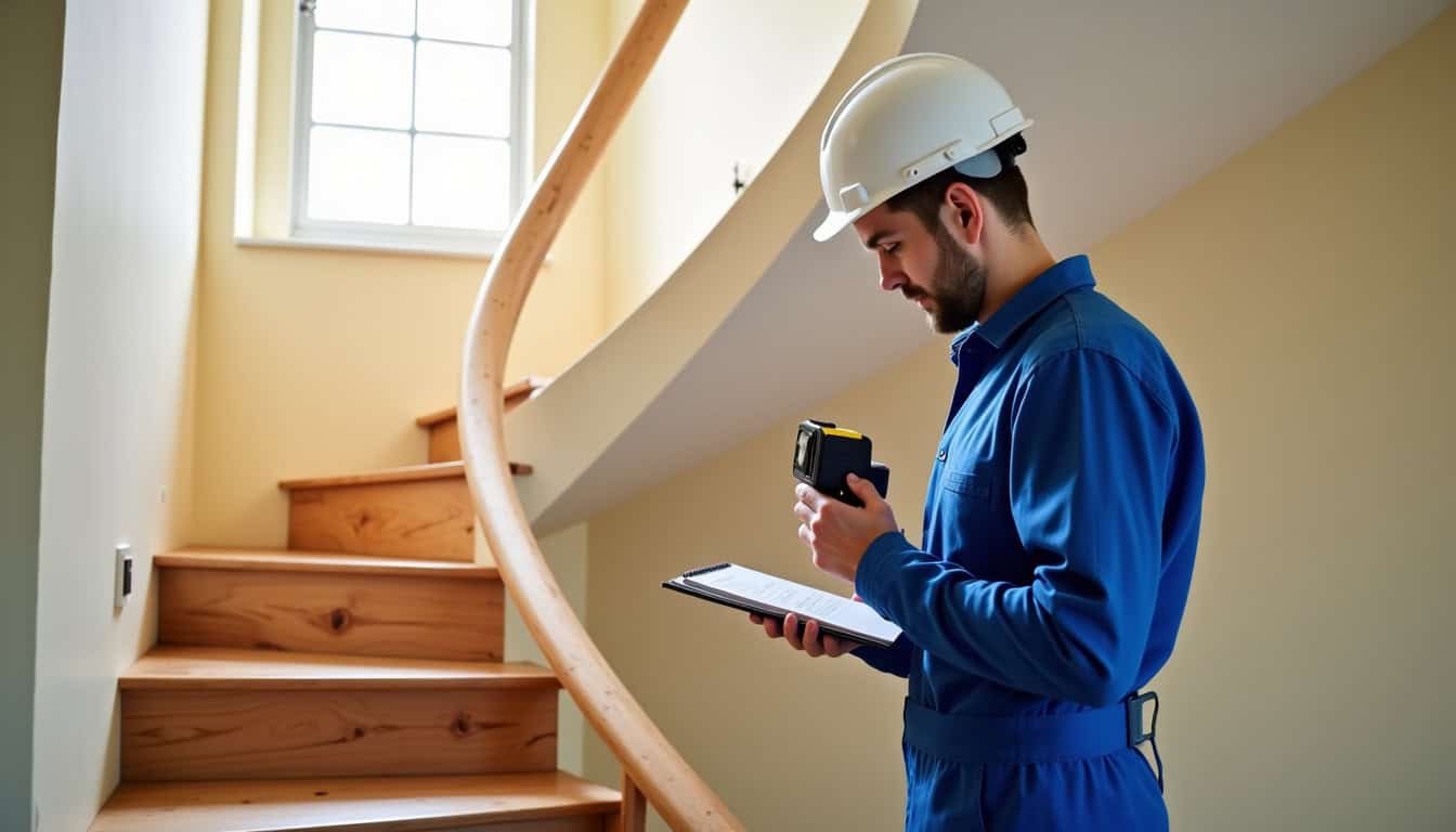 Technicien en train de mesurer un escalier à Rontalon pour une installation sur mesure