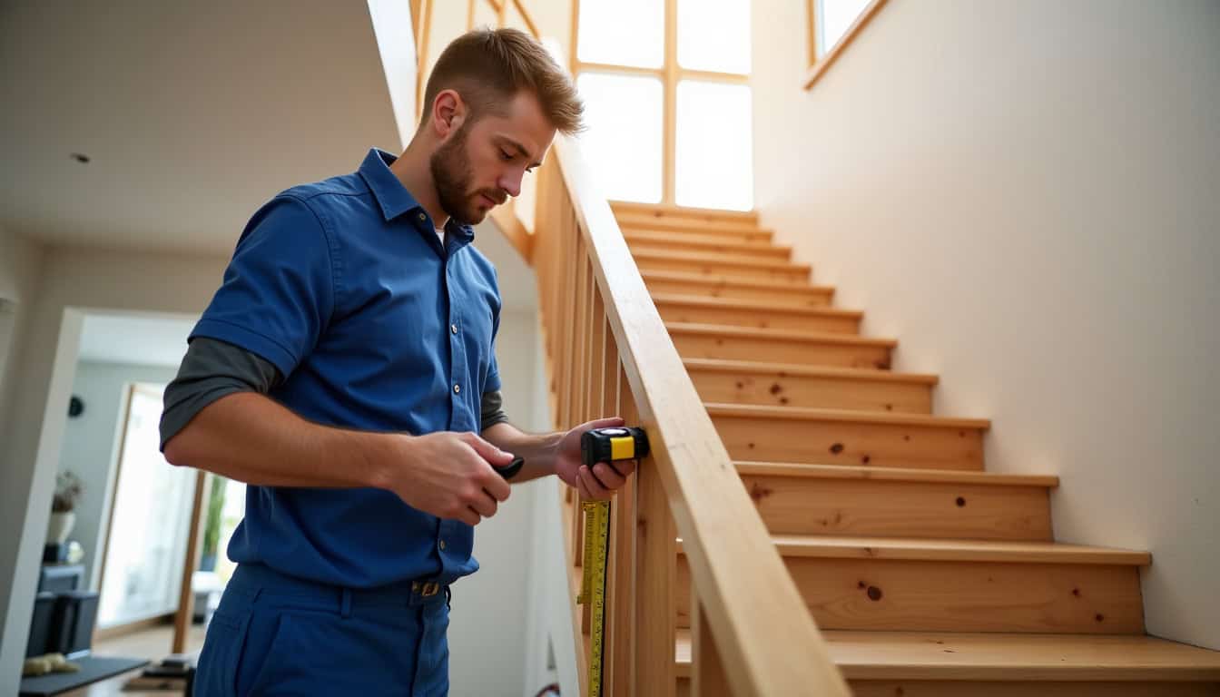 Technicien en train de mesurer un escalier à Ruy-Montceau pour installation d