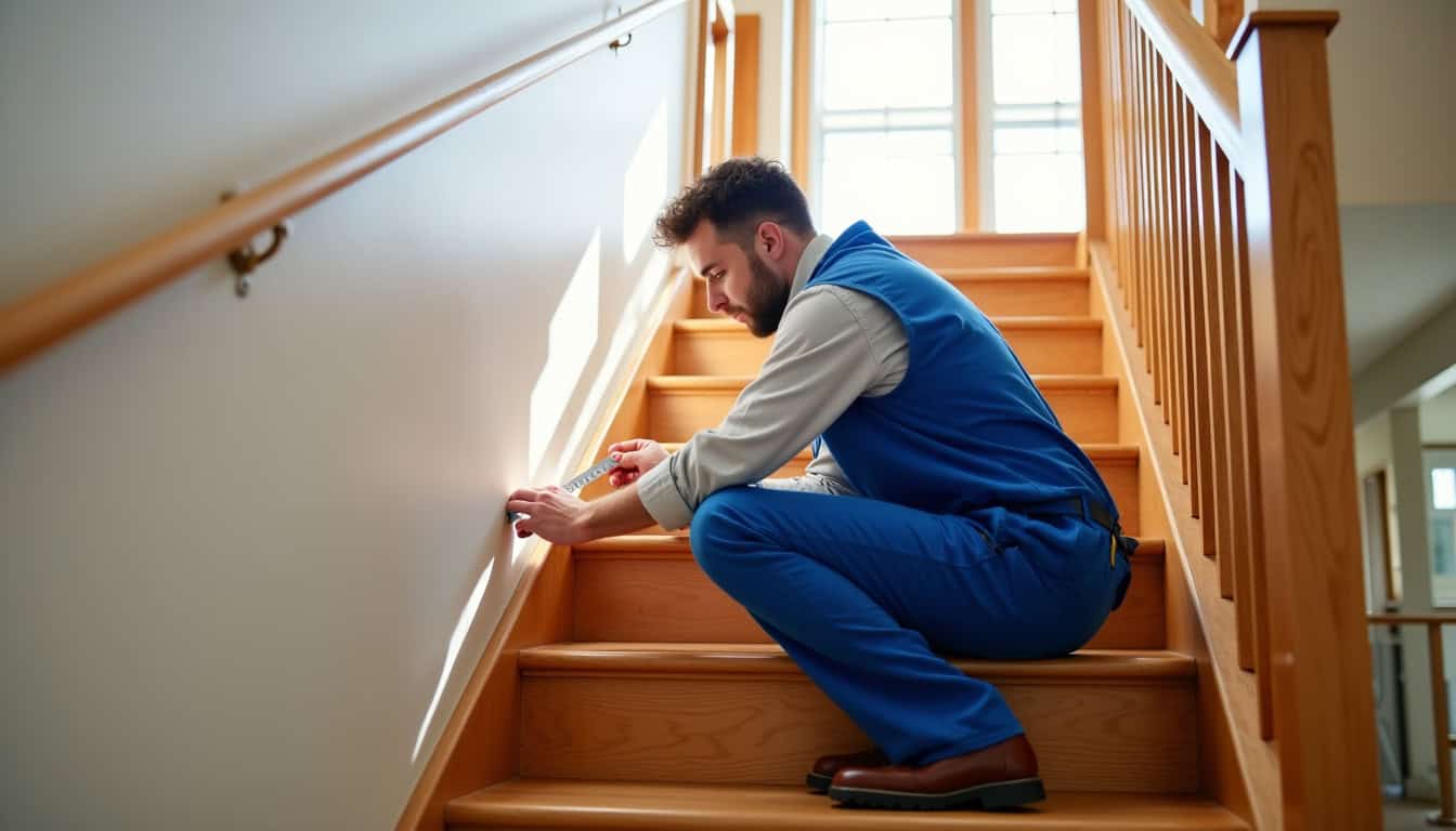Technicien en train de mesurer un escalier à Still pour un relevé technique préalable à l