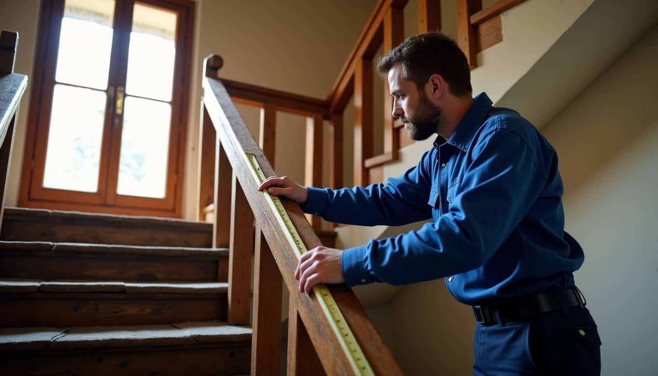 Technicien en train de mesurer un escalier ancien à Raillencourt-Sainte-Olle