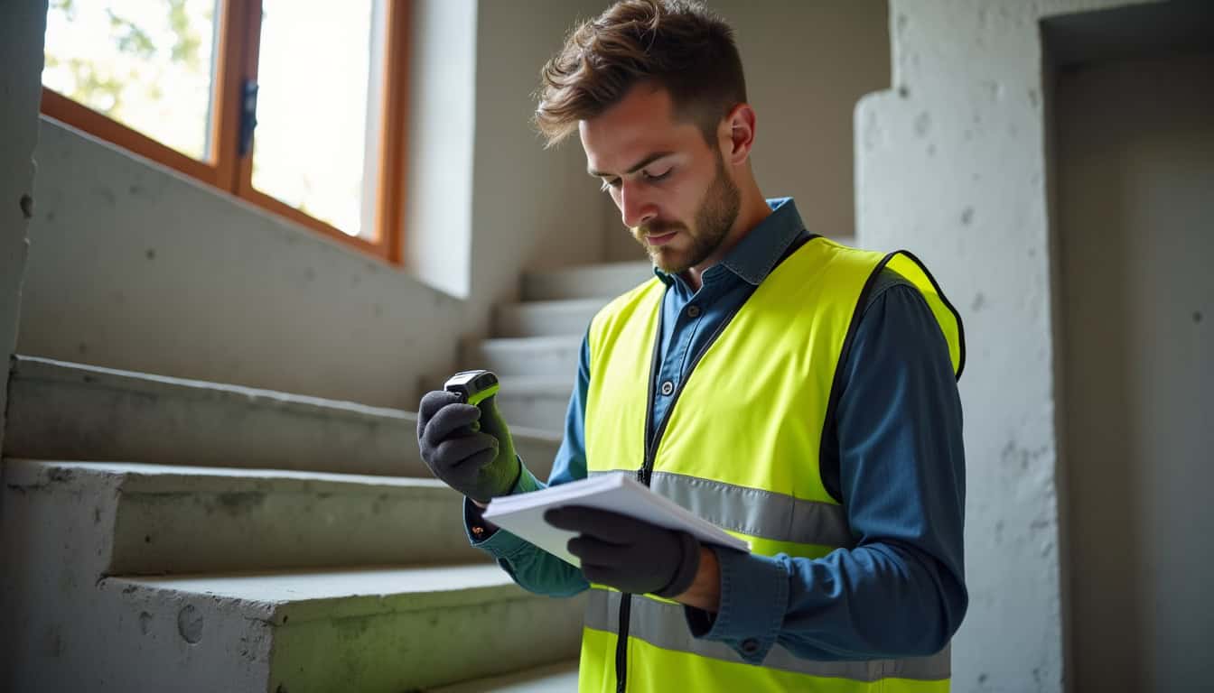 Technicien en train de mesurer un escalier en béton dans une maison à Fontoy pour une installation sur mesure