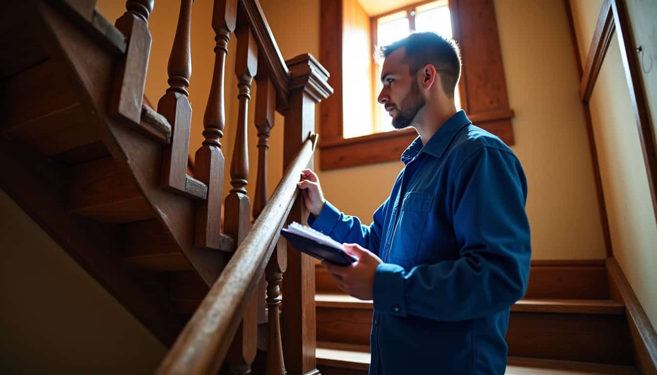 Technicien en train de mesurer un escalier en bois dans une maison traditionnelle d