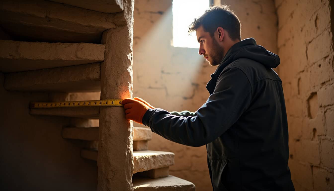 Technicien en train de mesurer un escalier en colimaçon dans une maison ancienne à Néfiach