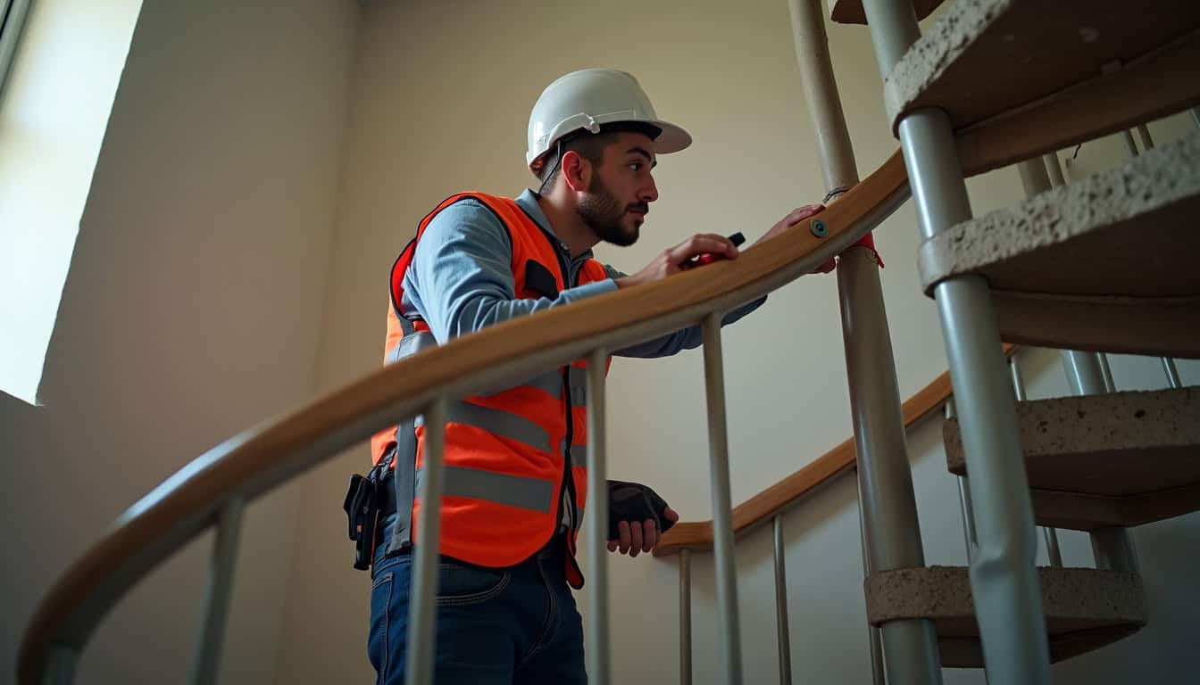 Technicien en train de mesurer un escalier en colimaçon pour l’installation d’un monte-escalier à Cugnaux