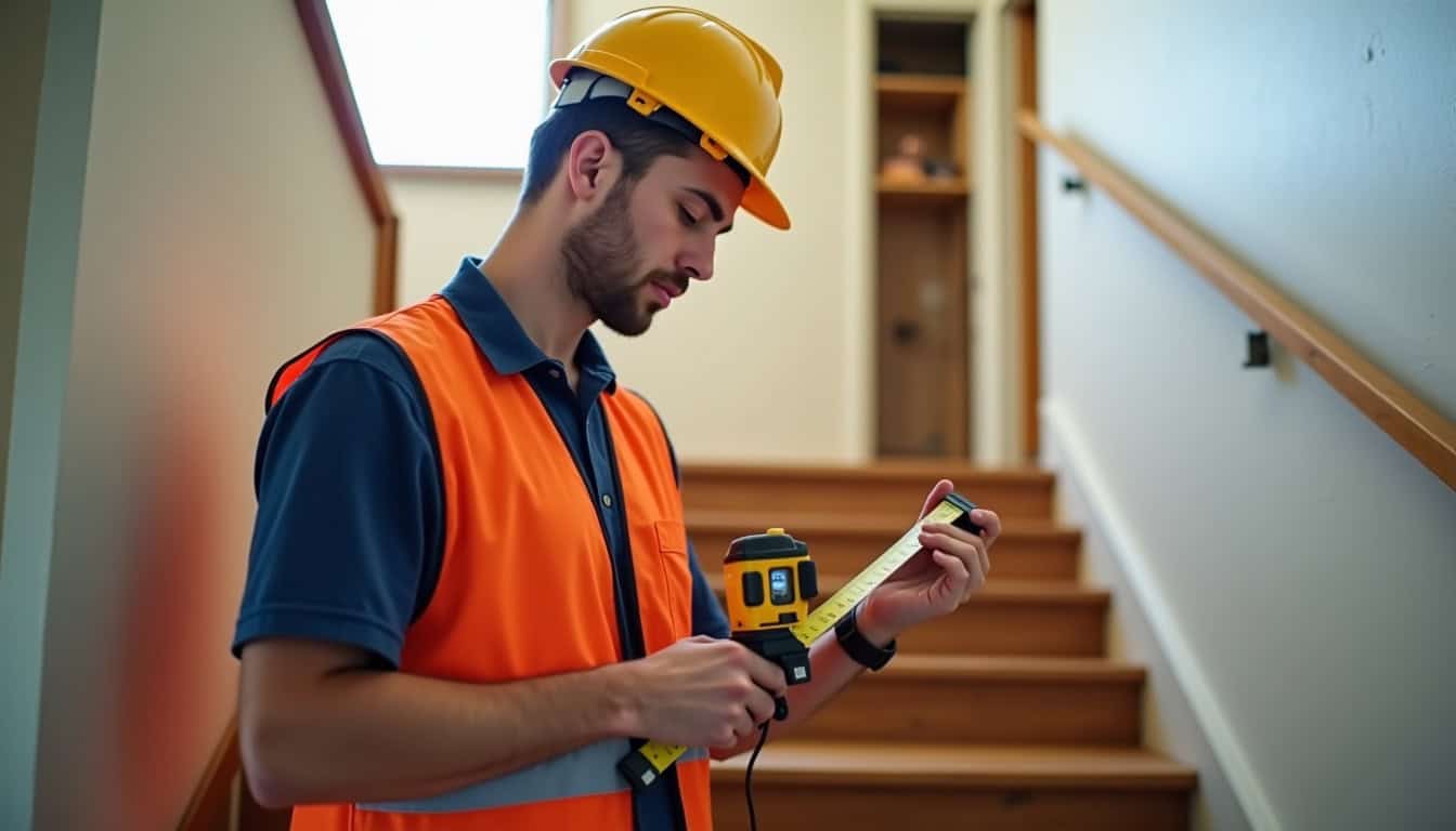 Technicien en train de mesurer un escalier intérieur à Montcornet pour l