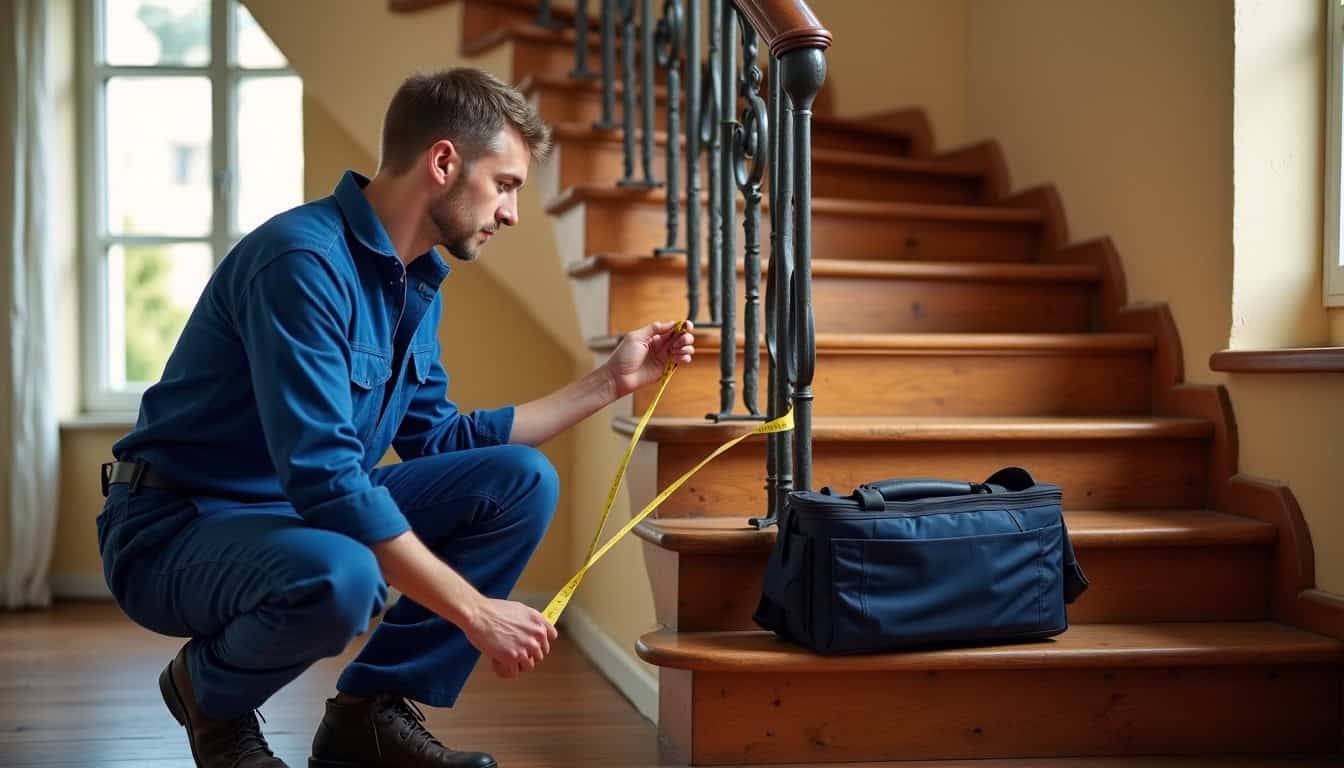 Technicien en train de mesurer un escalier pour installation à Saint-Georges-de-Commiers