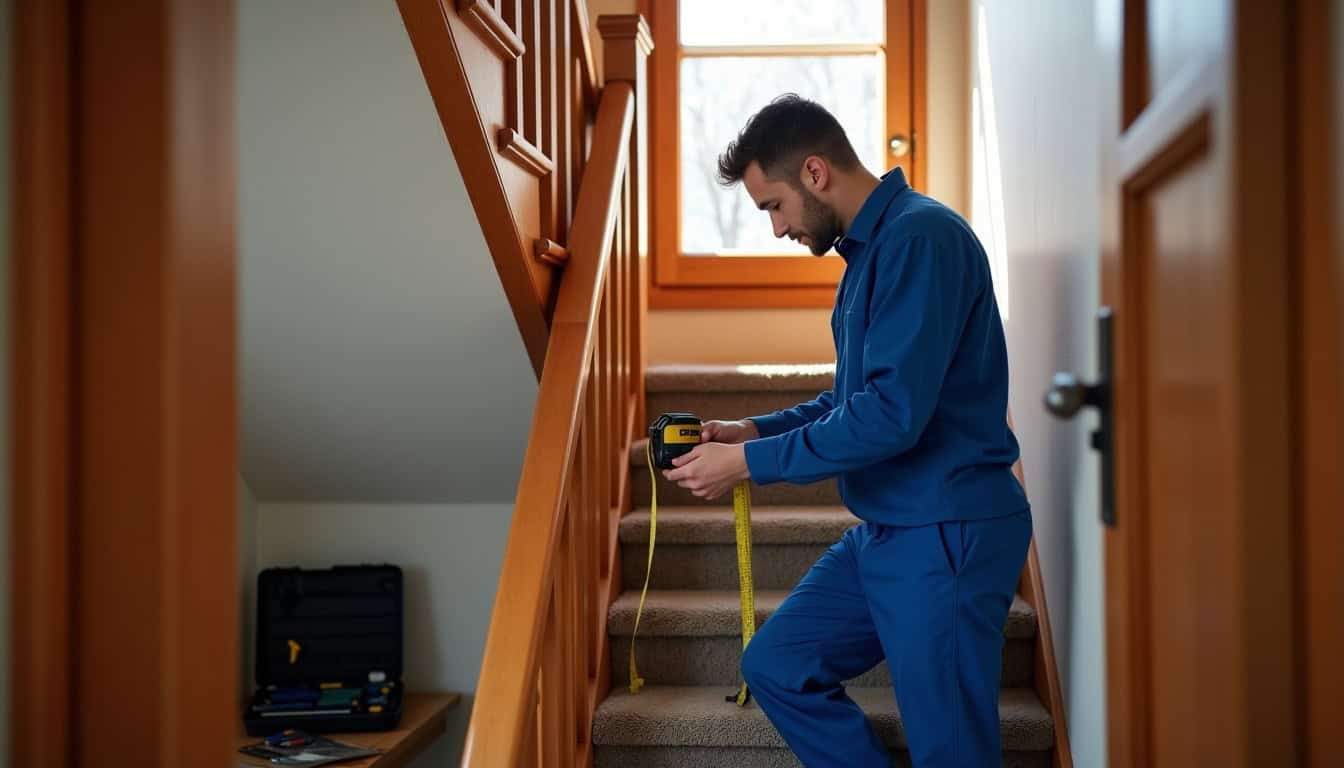 Technicien en train de mesurer un escalier pour installation de monte-escalier à Chabanais