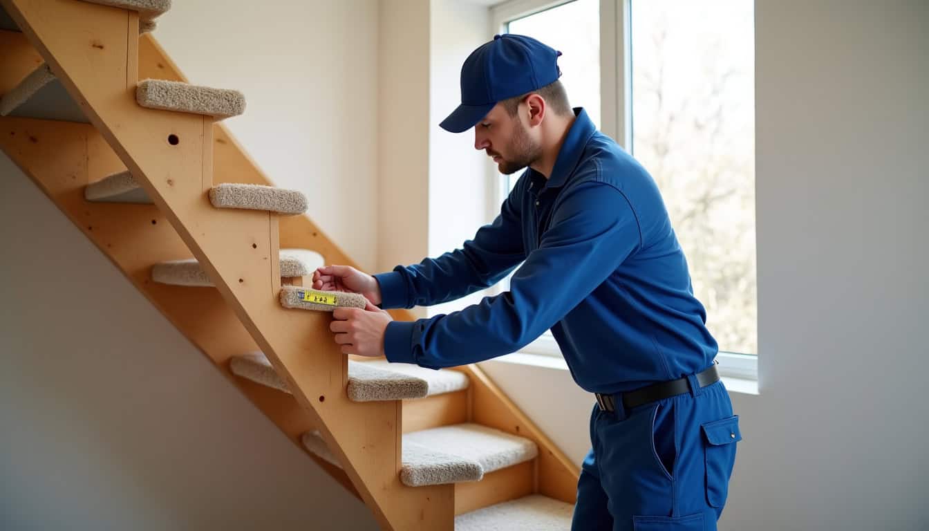 Technicien en train de mesurer un escalier pour installation d’un monte-escalier à Meynes