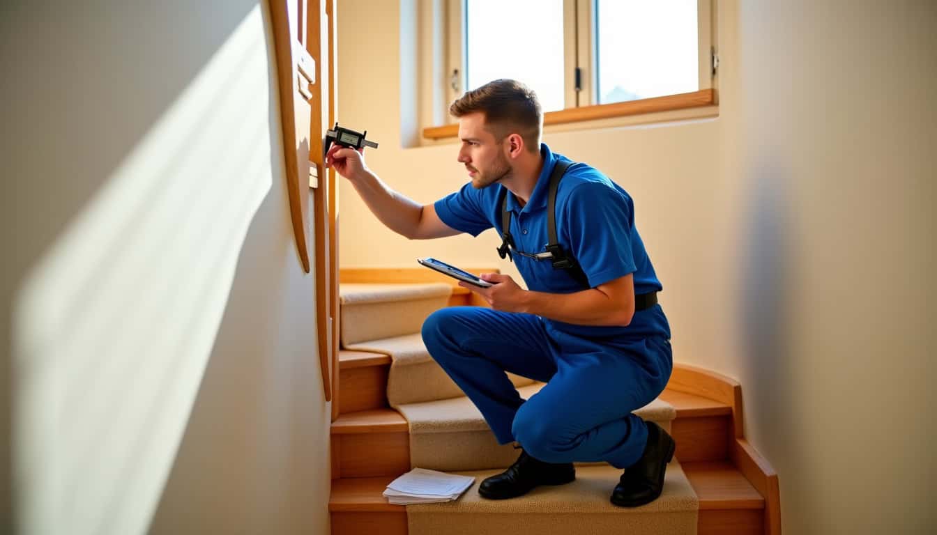 Technicien en train de mesurer un escalier pour installer un monte-escalier à Saint-Cyr-les-Vignes