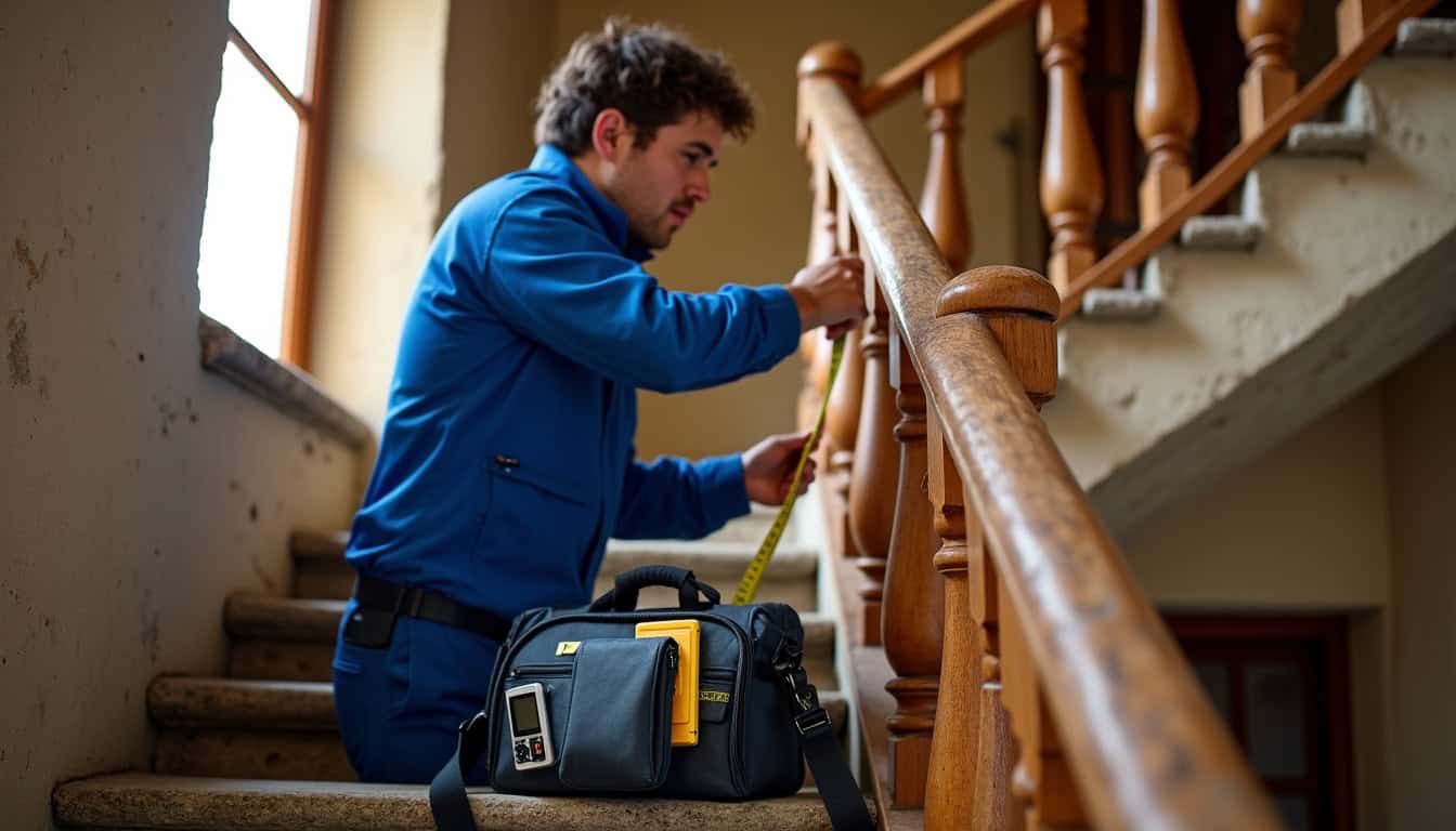 Technicien en train de mesurer un escalier pour installer un monte-escalier à Vogüé