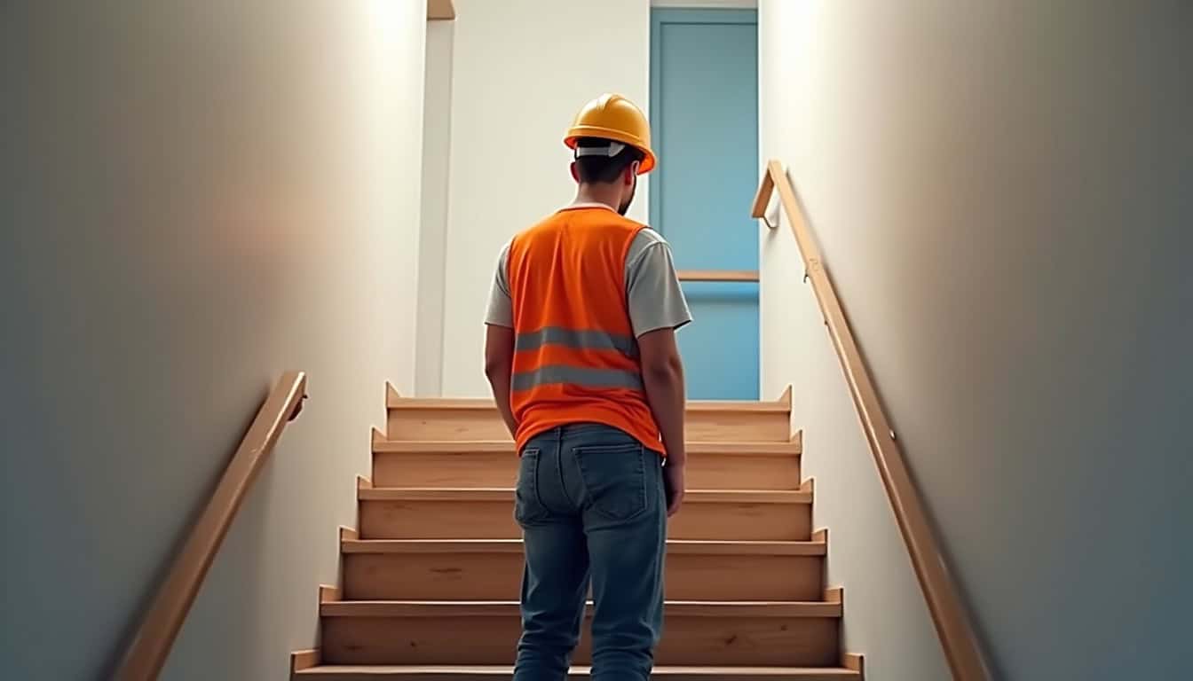 Technicien en train de mesurer un escalier pour la pose d’un monte-escalier à Labégude