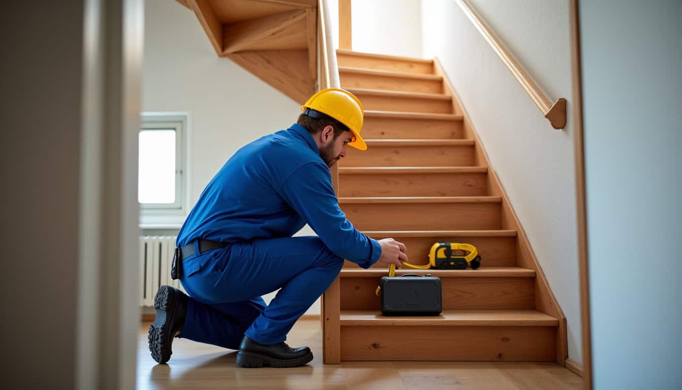 Technicien en train de mesurer un escalier pour l’installation d’un monte-escalier à Bazeilles