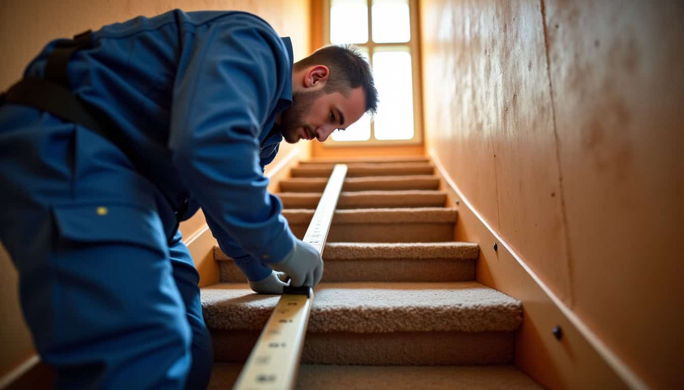 Technicien en train de mesurer un escalier pour l’installation d’un monte-escalier à Eulmont