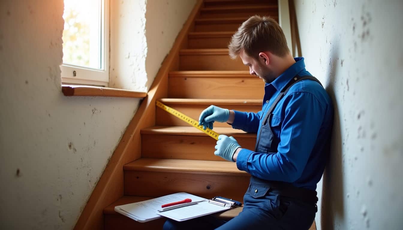 Technicien en train de mesurer un escalier pour l’installation d’un monte-escalier à Lesperon