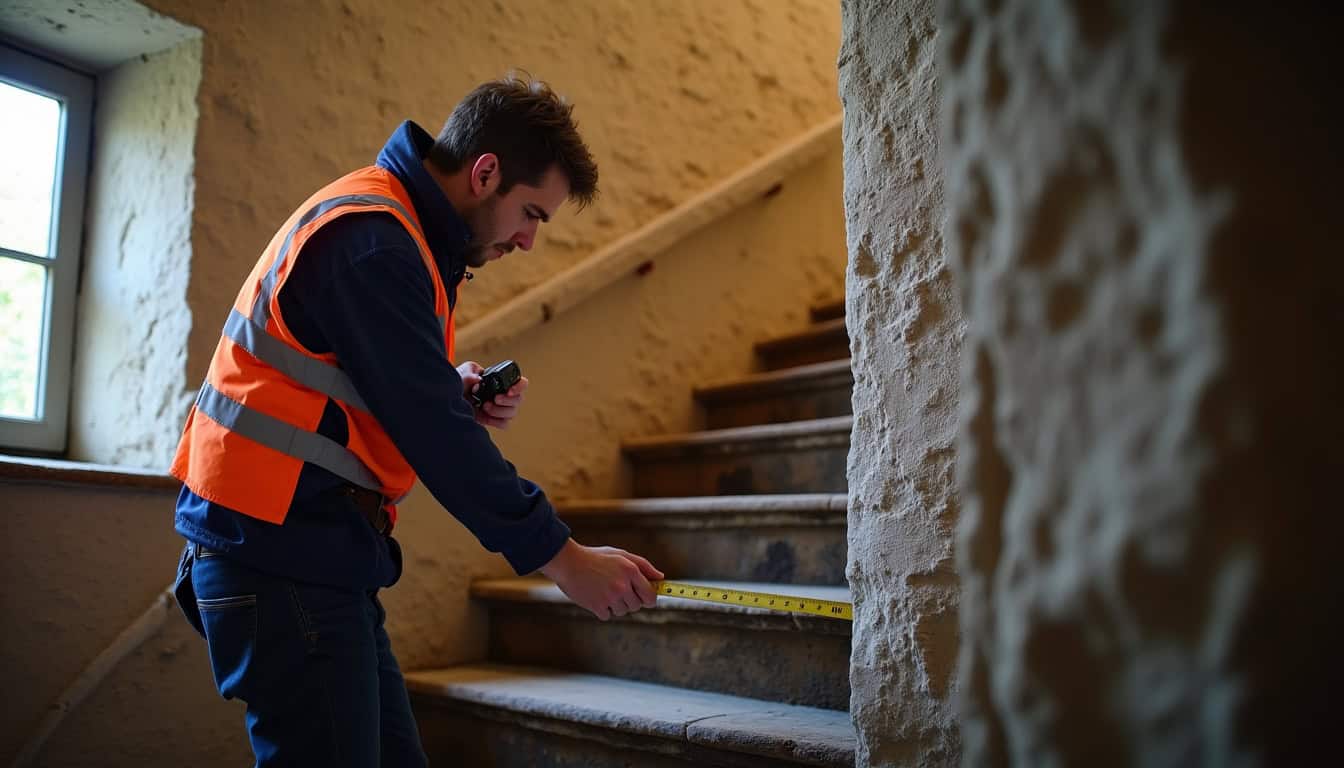 Technicien en train de mesurer un escalier pour l’installation d’un monte-escalier à Loches