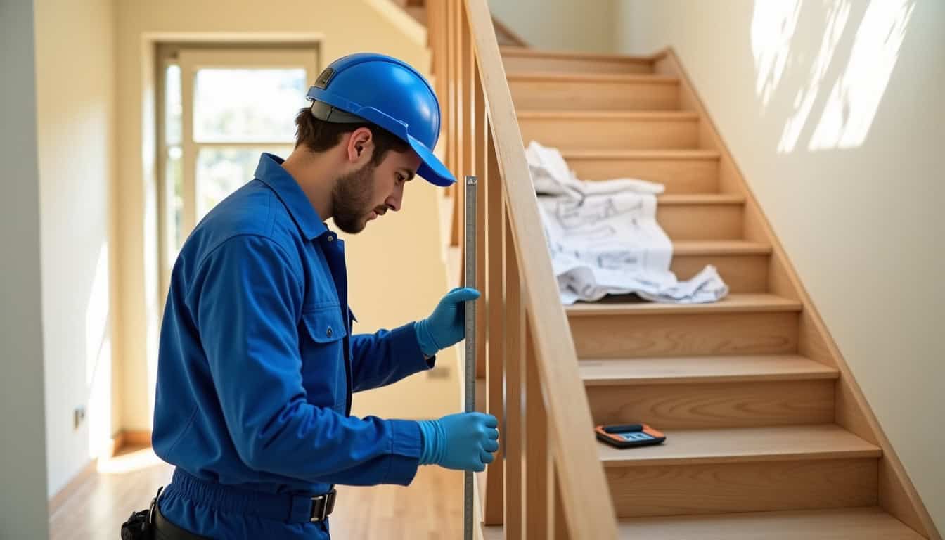 Technicien en train de mesurer un escalier pour l’installation d’un monte-escalier à Prunelli-di-Fiumorbo