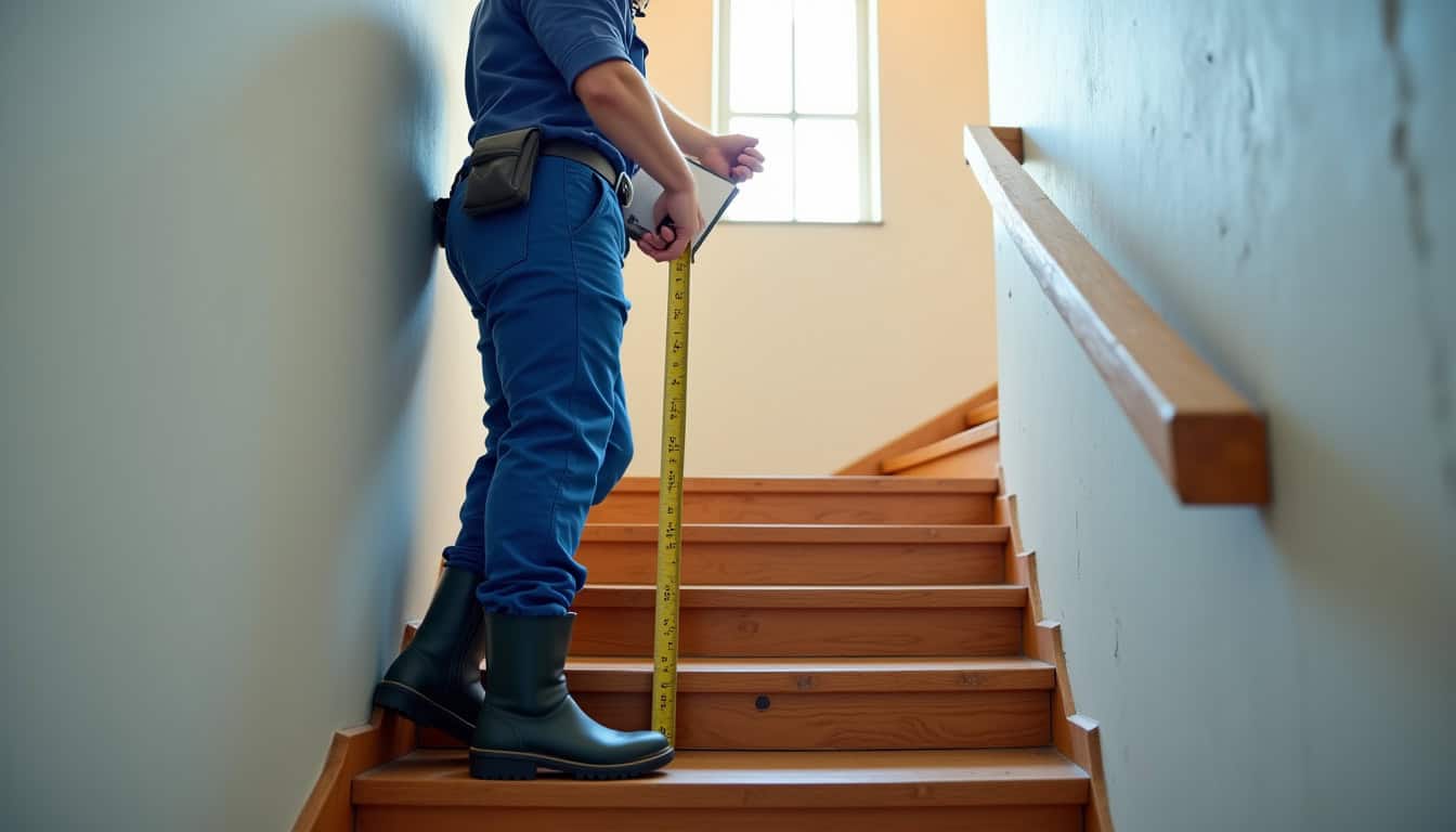 Technicien en train de mesurer un escalier pour un devis à Chépy