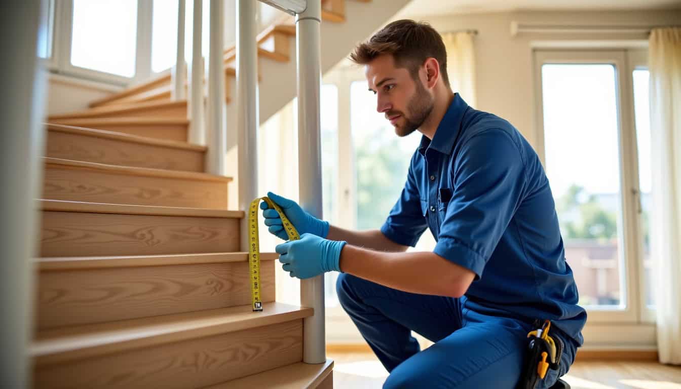 Technicien en train de mesurer un escalier pour un devis à Gond-Pontouvre