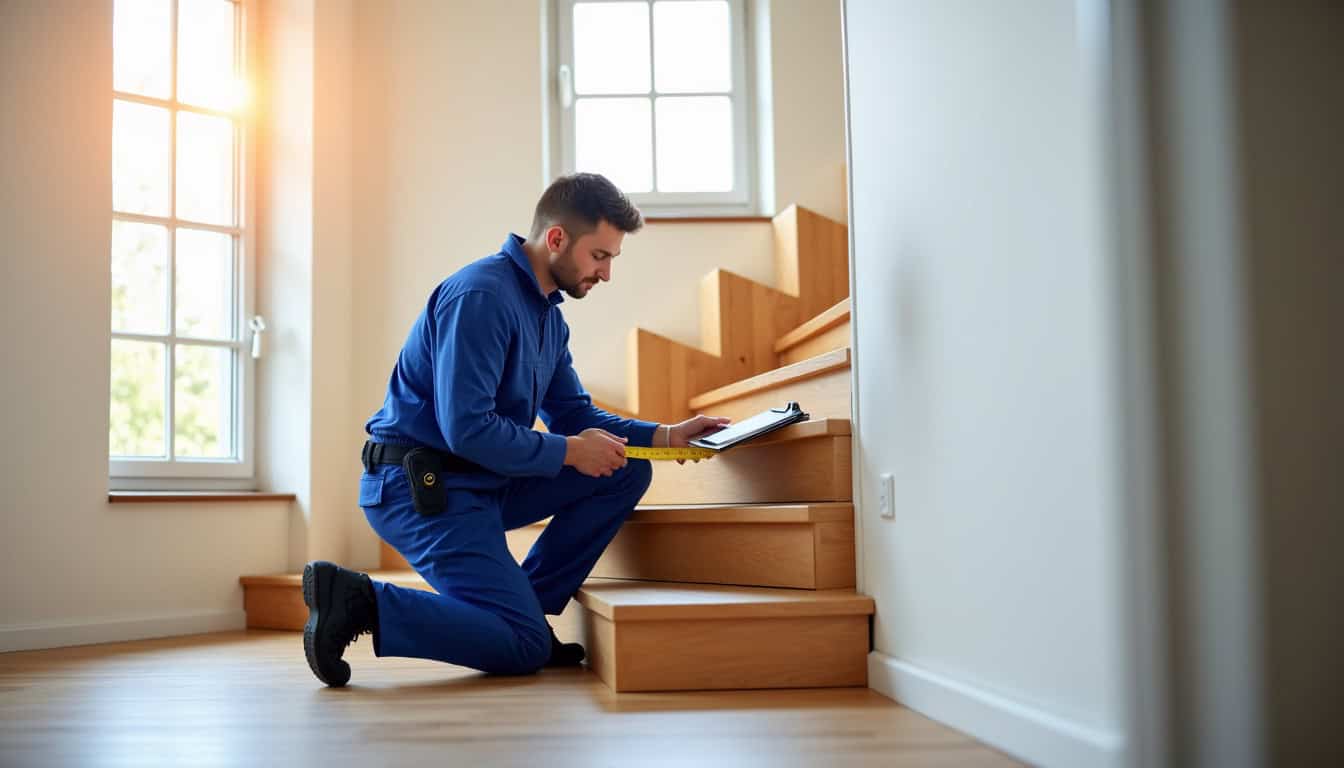 Technicien en train de mesurer un escalier pour un devis de monte-escalier à Beausoleil