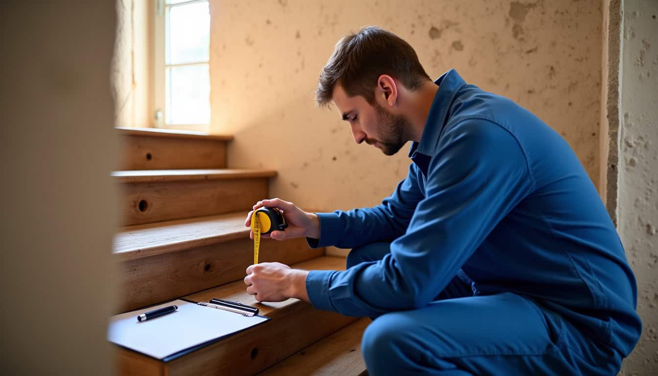 Technicien en train de mesurer un escalier pour un devis de monte-escalier à Brioude