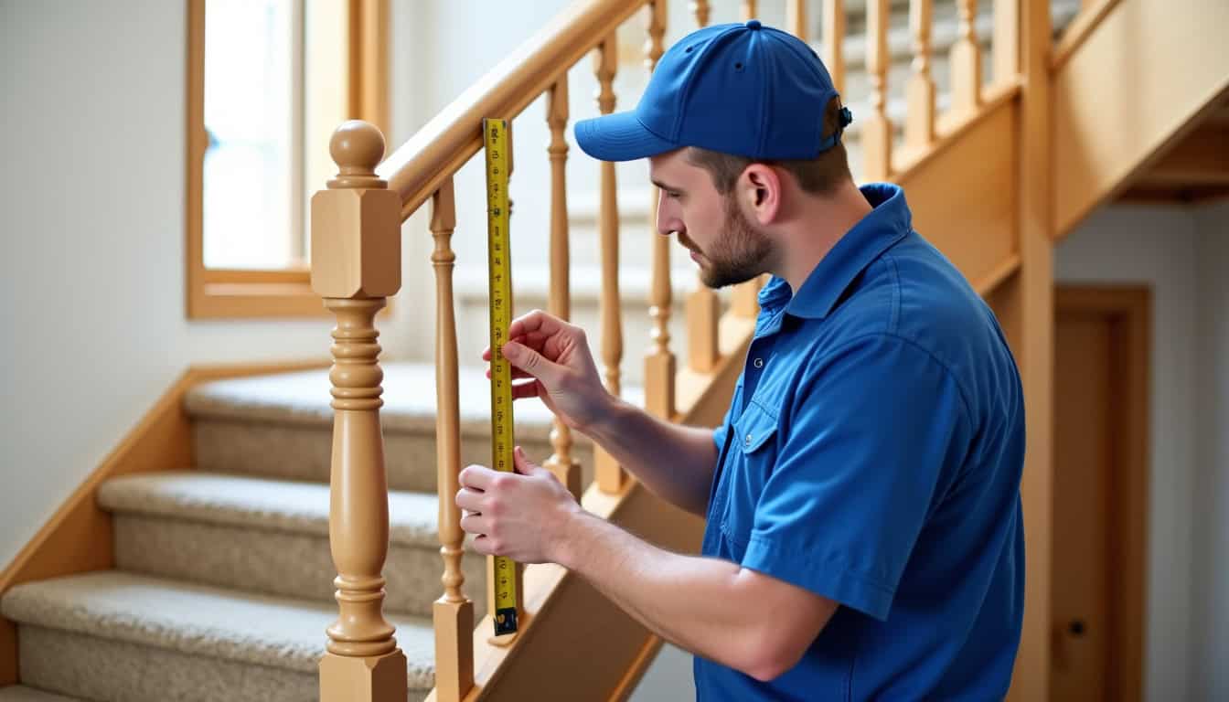 Technicien en train de mesurer un escalier pour un devis de monte-escalier à Hinx