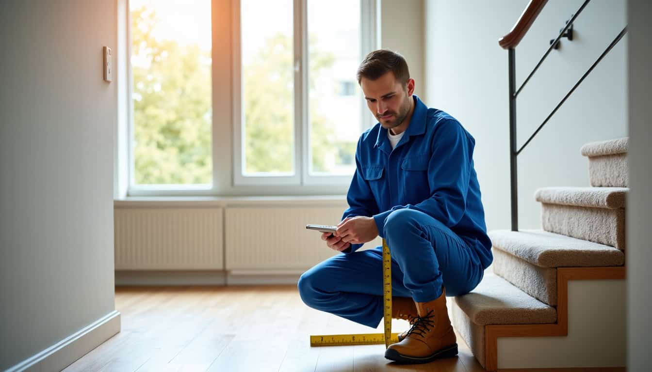 Technicien en train de mesurer un escalier pour un devis de monte-escalier