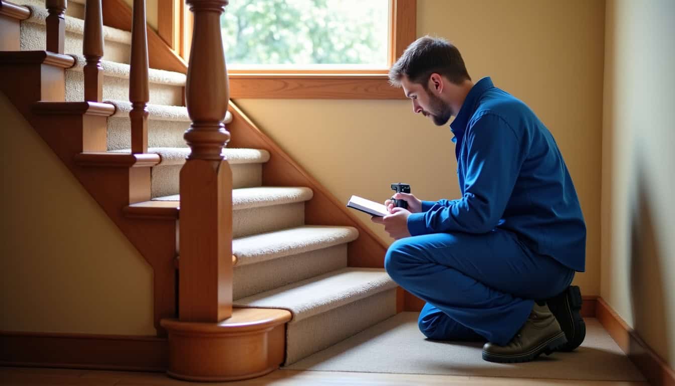 Technicien en train de mesurer un escalier pour un devis monte-escalier à Bray-Dunes