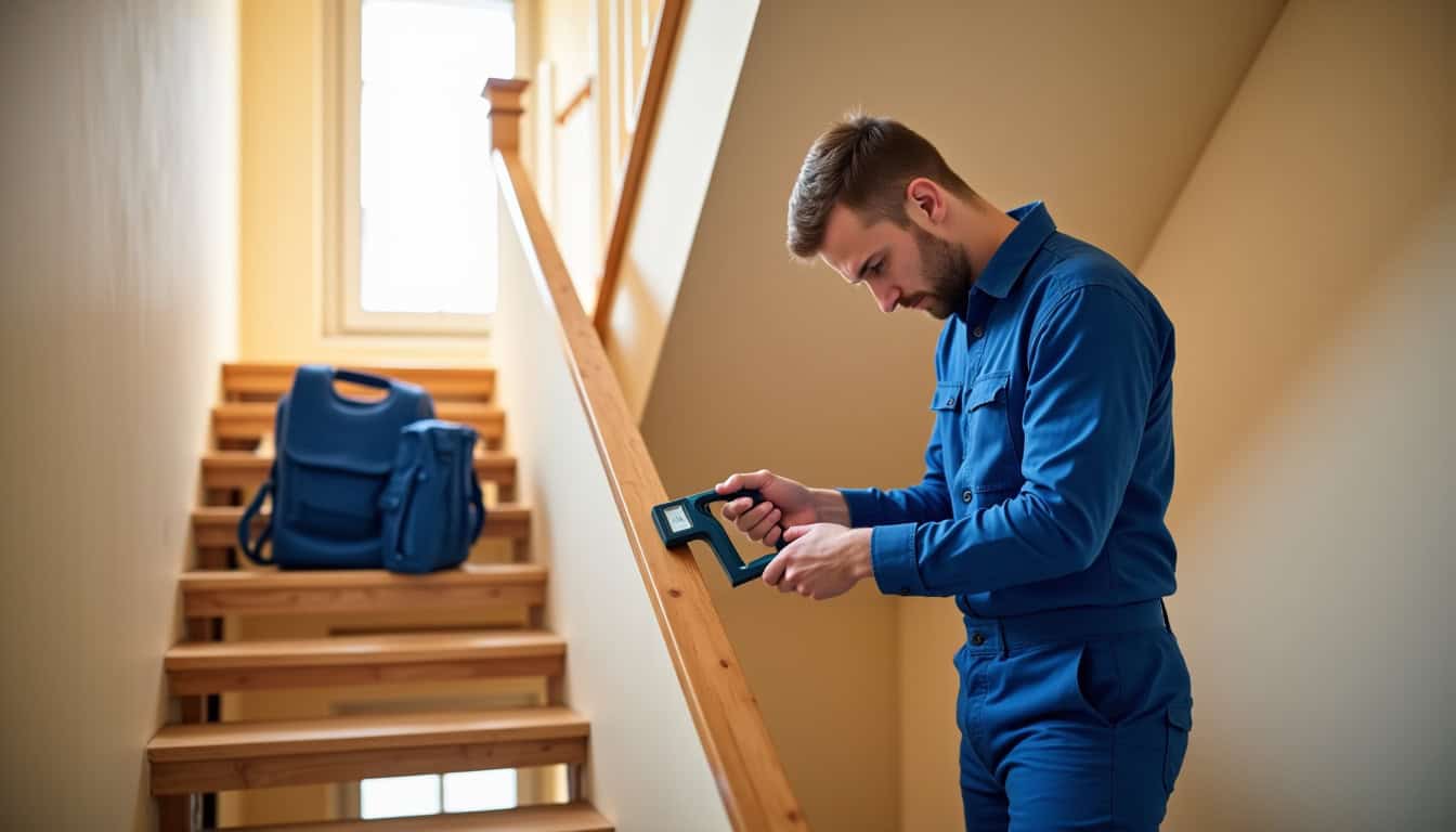Technicien en train de mesurer un escalier pour un monte-escalier courbe à Bernin
