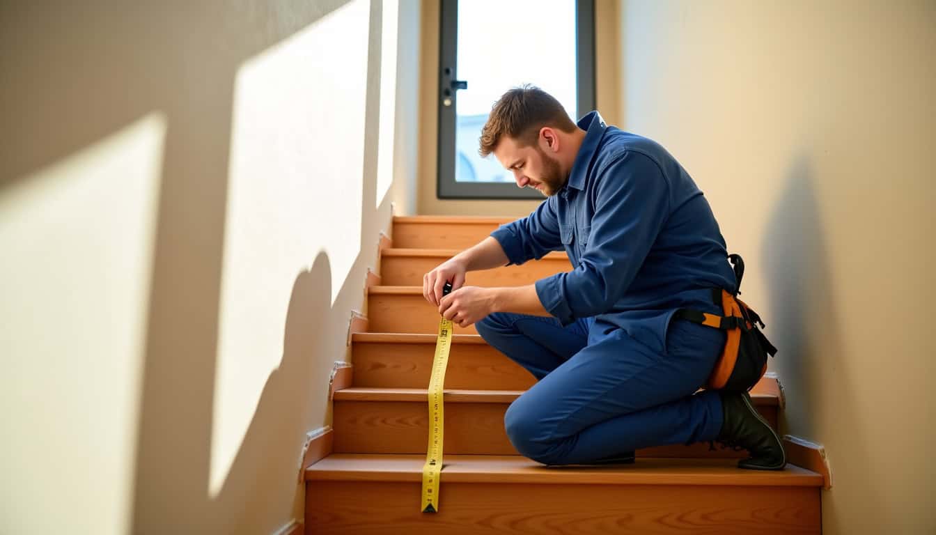 Technicien en train de mesurer un escalier pour une installation à Sévignac
