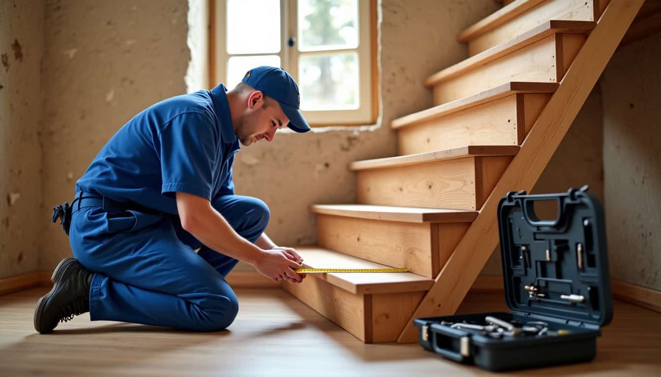 Technicien en train de mesurer un escalier pour une installation de monte-escalier à Bérat