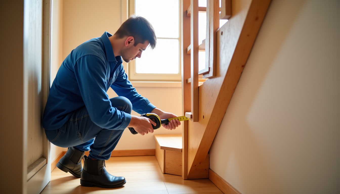 Technicien en train de mesurer un escalier pour une installation de monte-escalier à Labastide-Marnhac