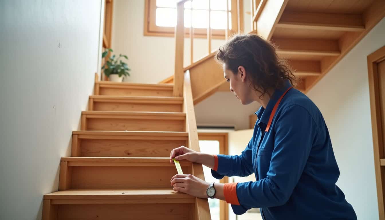 Technicien en train de mesurer un escalier pour une installation de monte-escalier à Pré-en-Pail-Saint-Samson