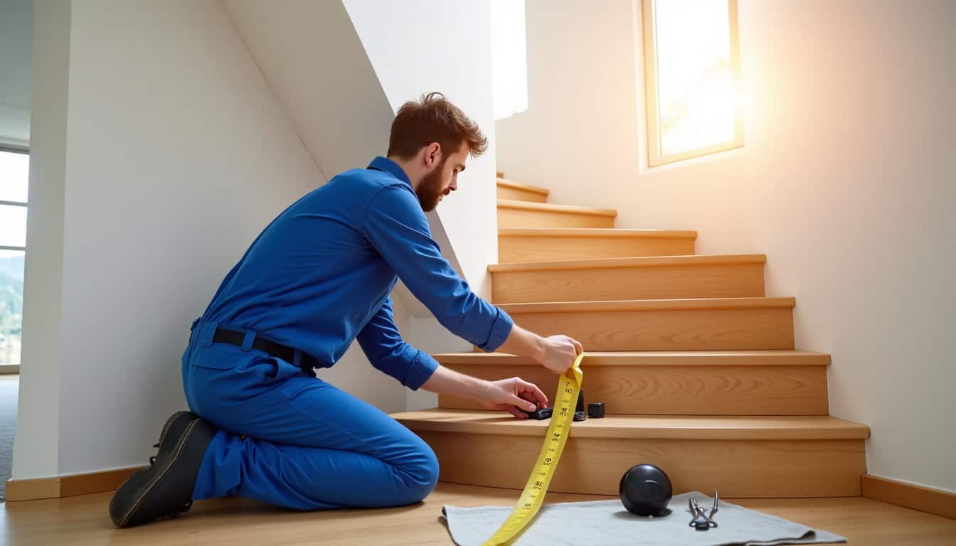 Technicien en train de mesurer un escalier pour une installation sur mesure à Cauvigny