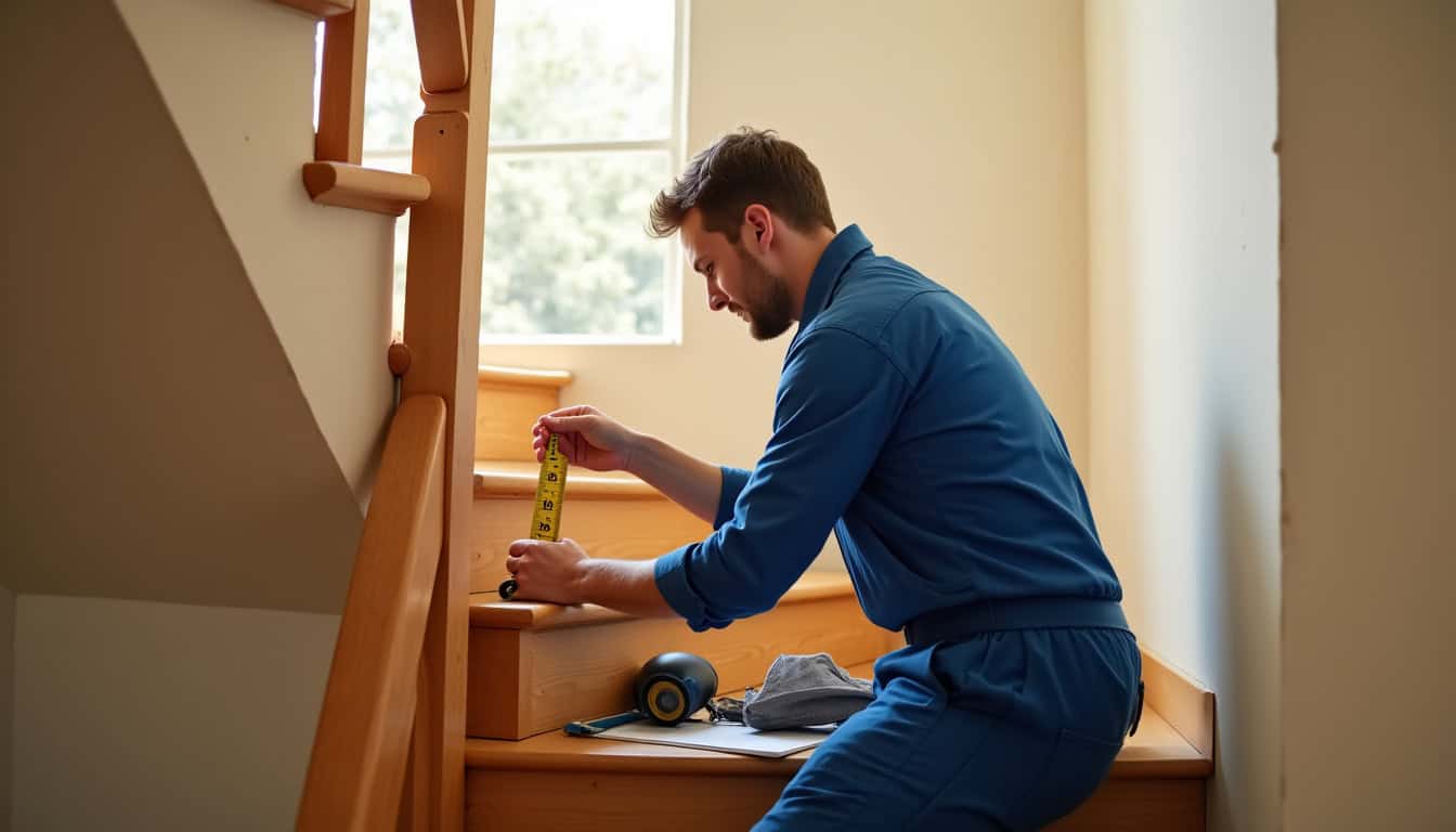 Technicien en train de mesurer un escalier pour une installation sur mesure à Noyarey