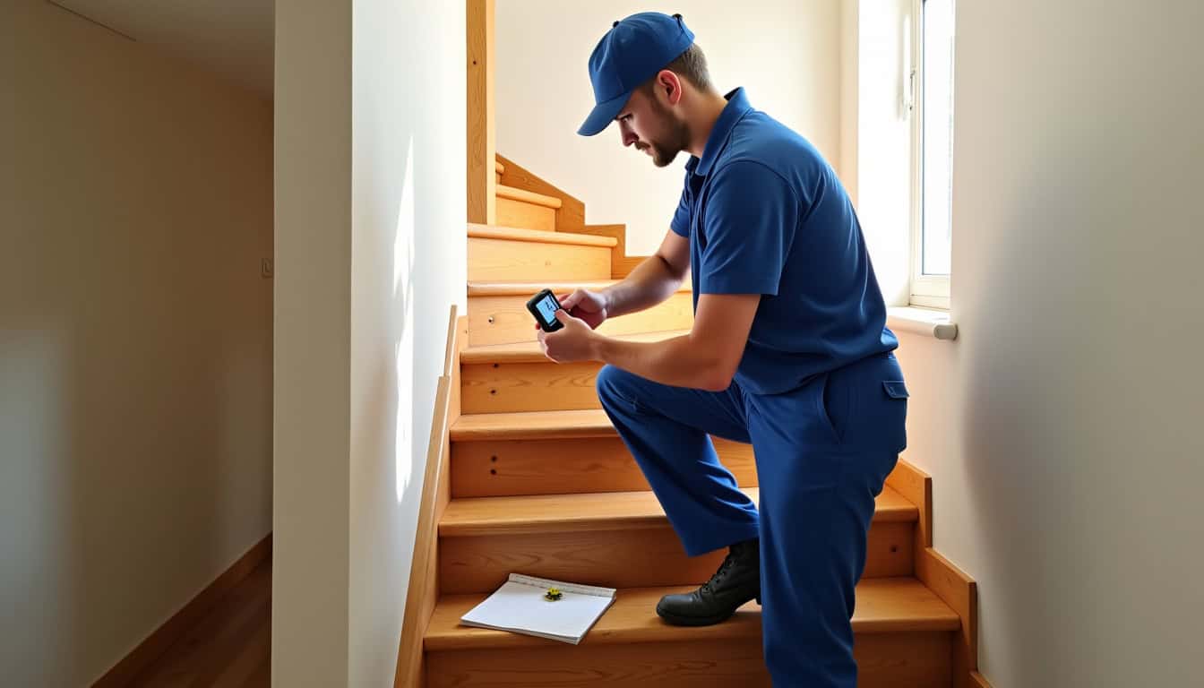 Technicien en train de mesurer un escalier pour une installation sur mesure à Paulhac