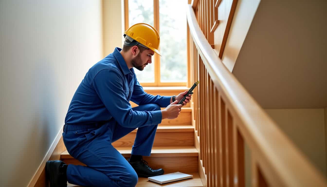 Technicien en train de mesurer un escalier pour une installation sur mesure à Sillery