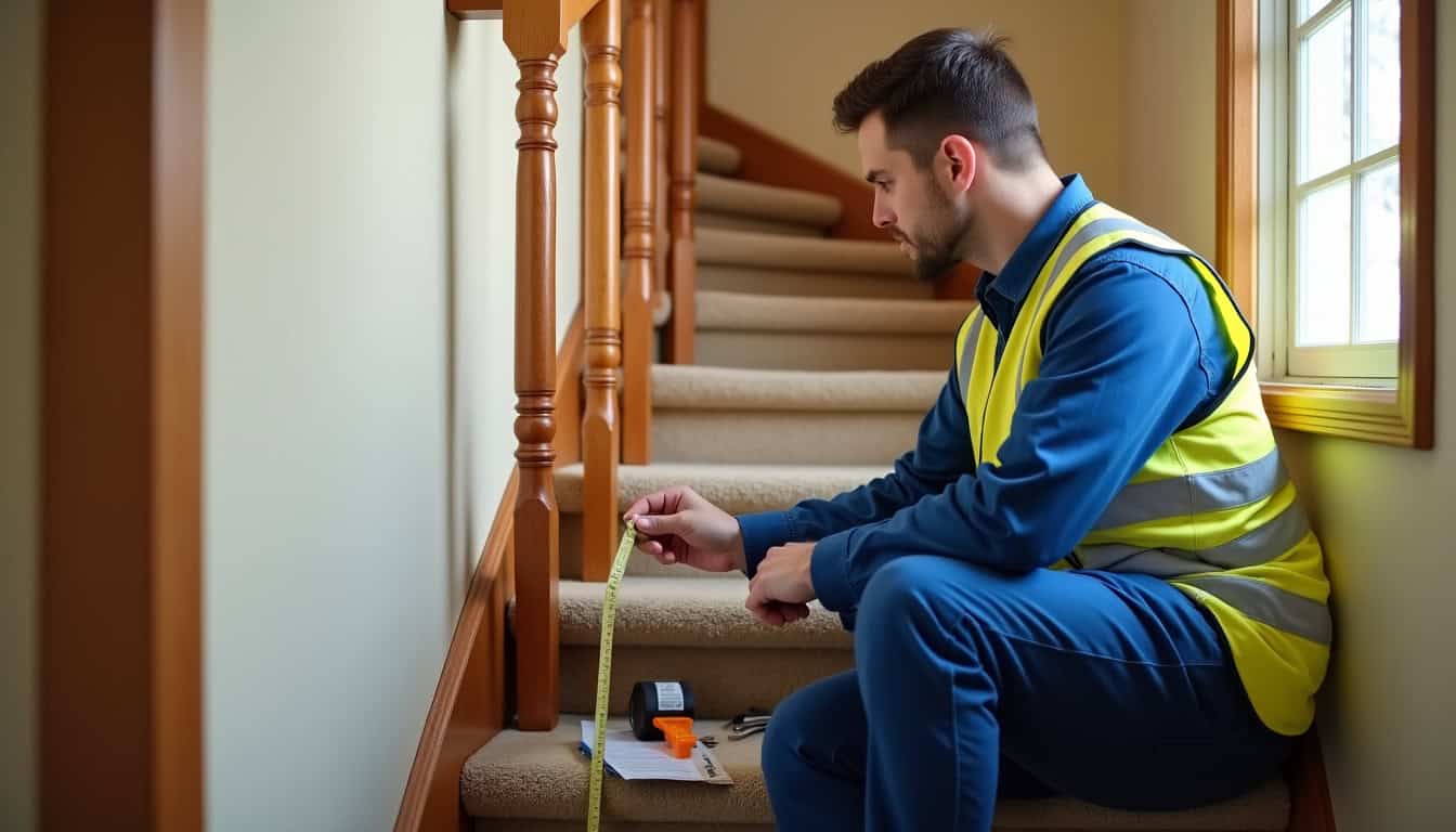 Technicien en train de mesurer un escalier pour une installation sur mesure