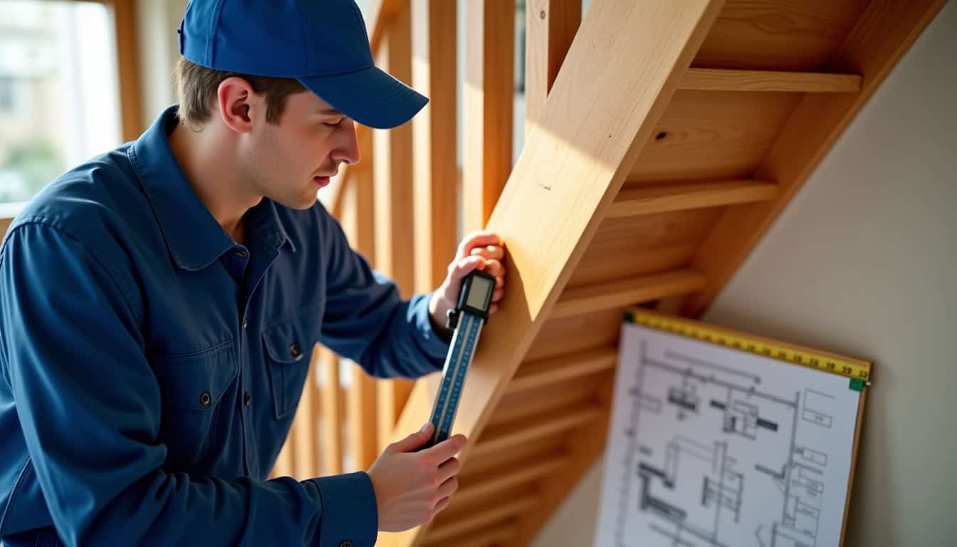 Technicien en train de mesurer un escalier pour une installation sur mesure