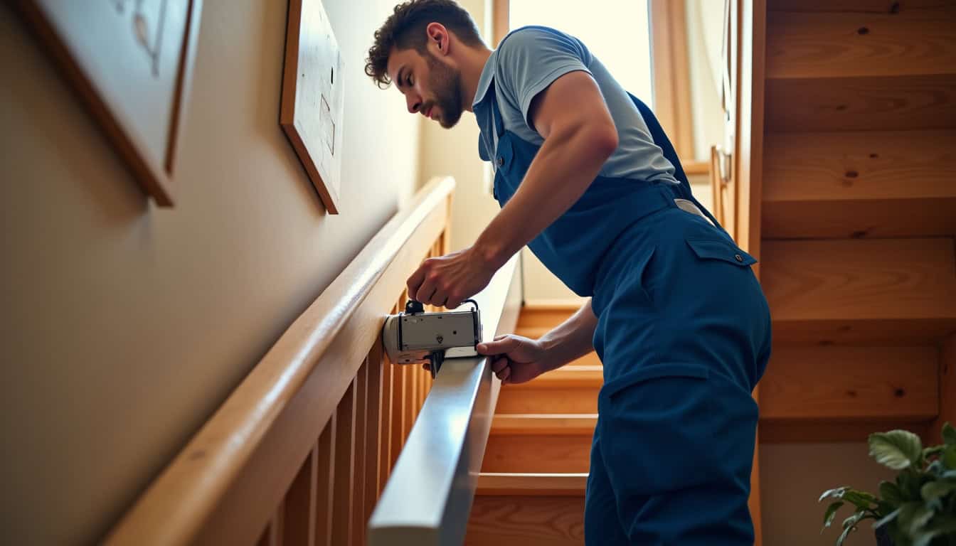 Technicien en train de monter un monte-escalier à Margny-lès-Compiègne
