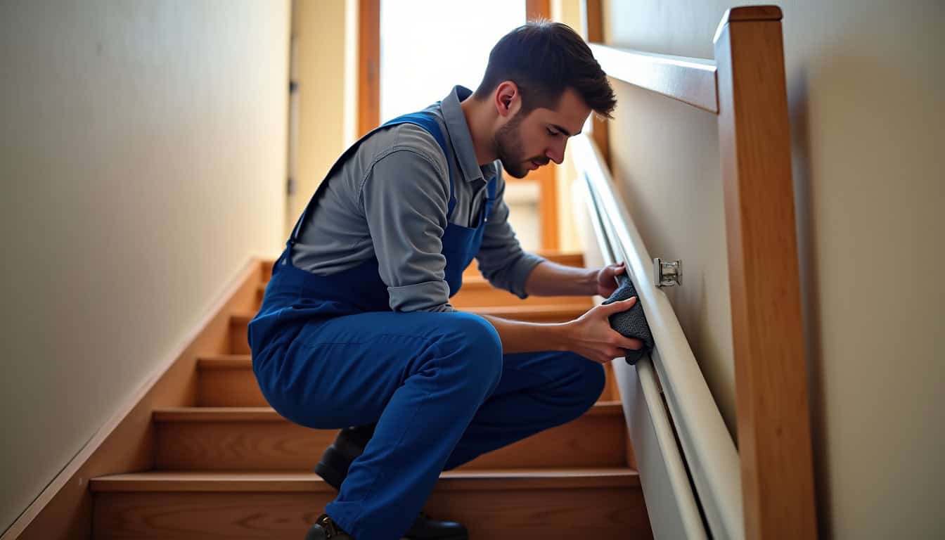 Technicien en train de nettoyer et vérifier un monte-escalier dans une maison à Brens