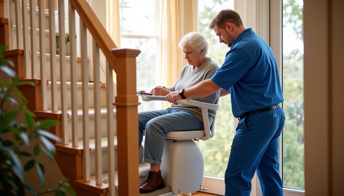 Technicien en train de poser un fauteuil monte-escalier sur un rail préinstallé dans une maison à Les Monts d