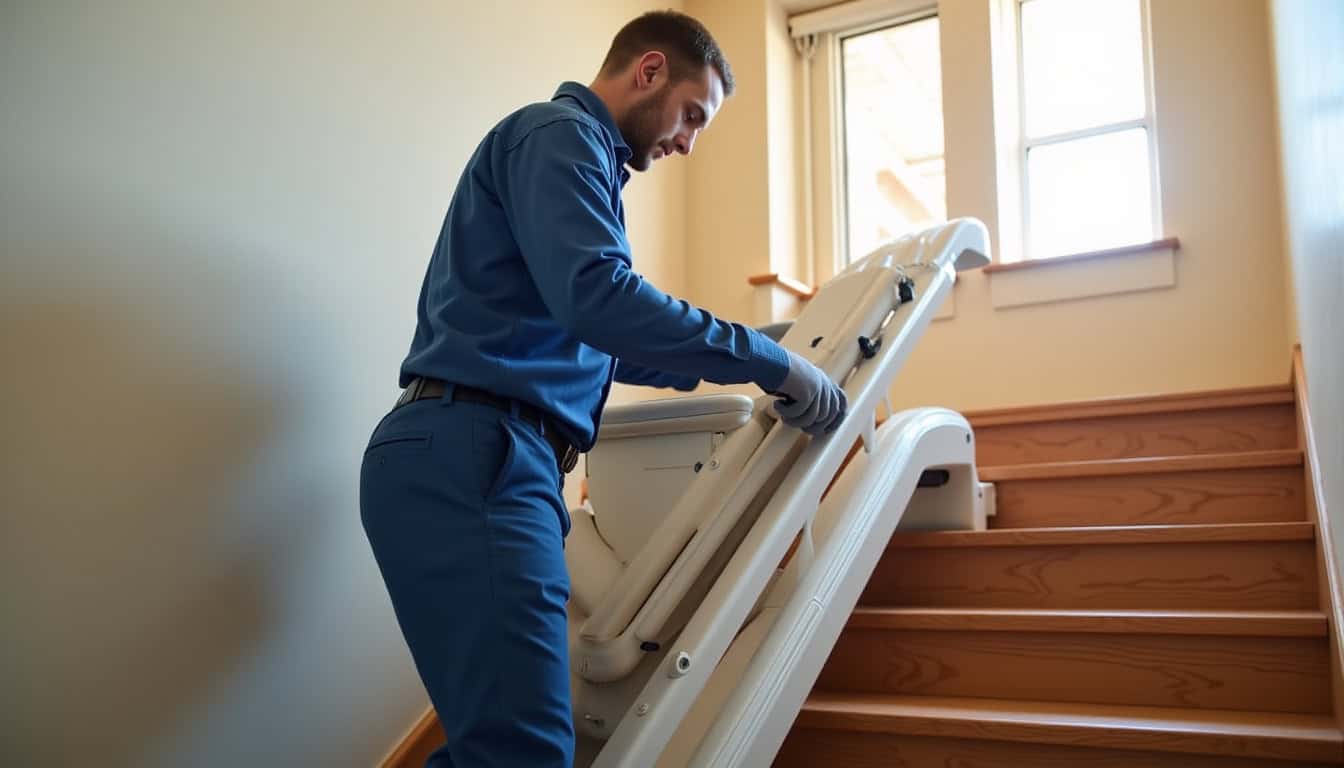 Technicien en train de poser un monte-escalier dans une maison de Neuville-sur-Saône
