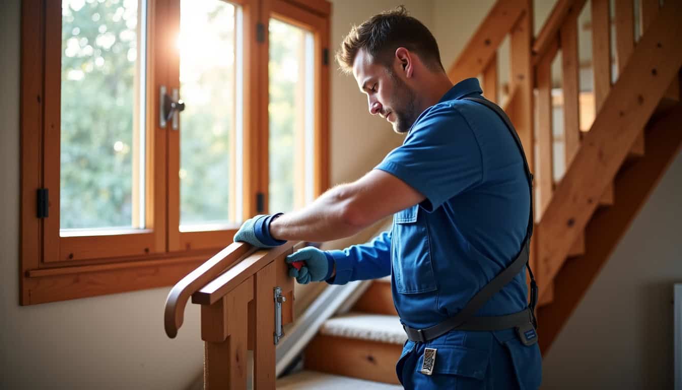 Technicien en train de poser un rail de monte-escalier dans une maison typique de Veyrier-du-Lac