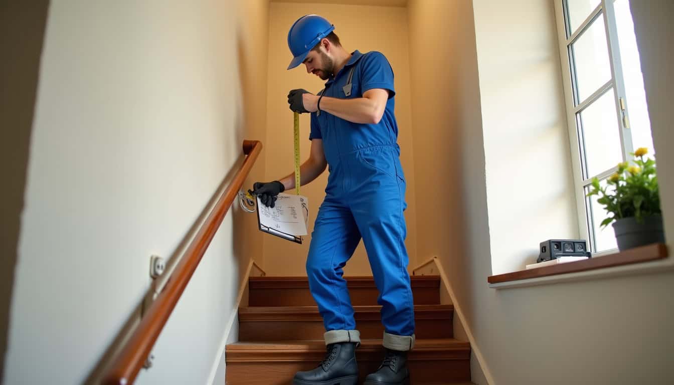 Technicien en train de prendre des mesures pour un devis de monte-escalier à Viesly