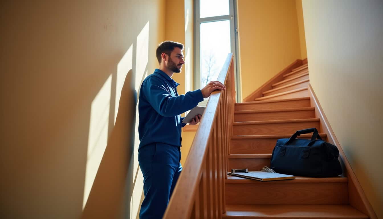 Technicien en train de prendre les mesures d’un escalier lors d’un rendez-vous technique à Yvetot