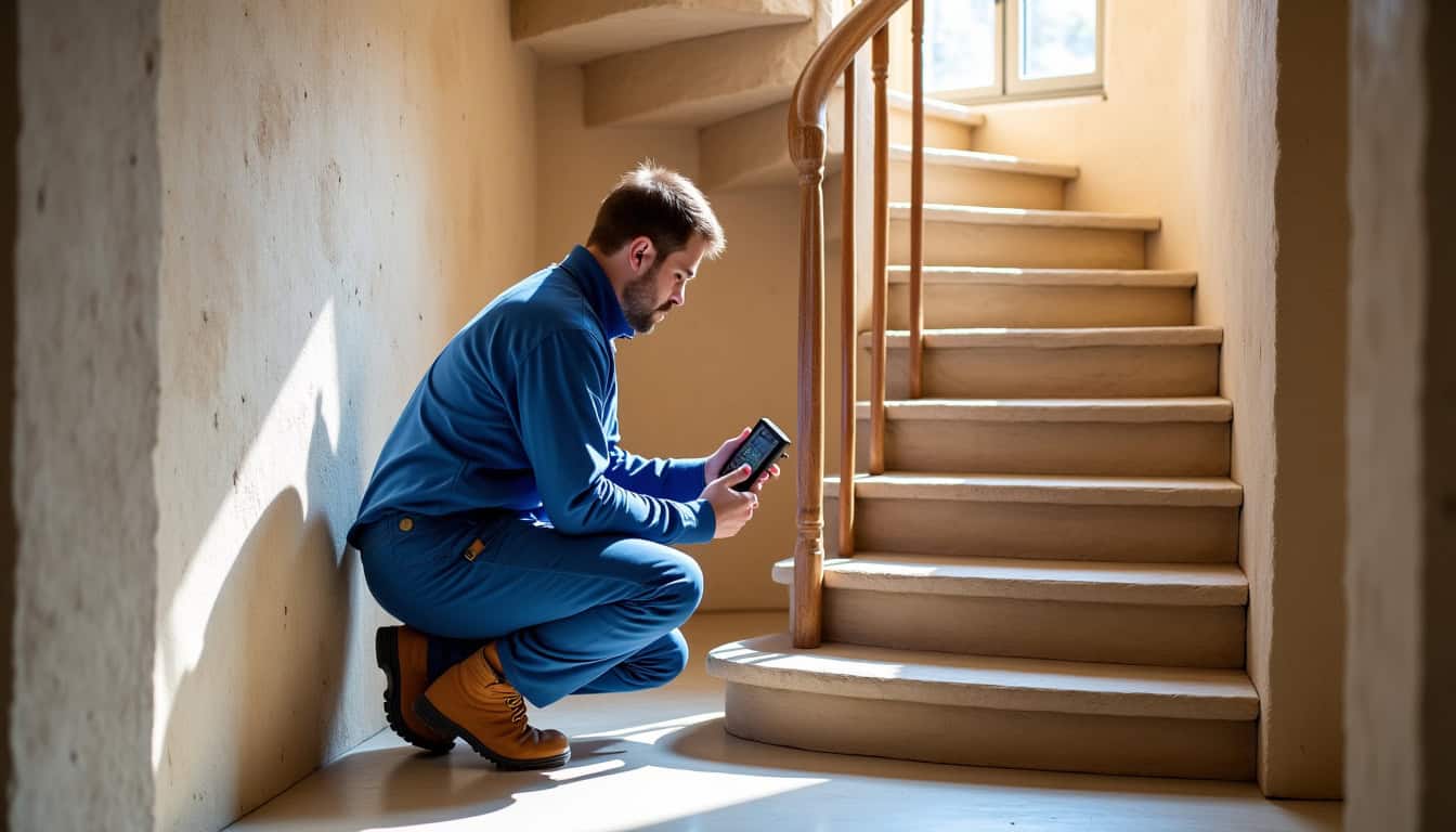Technicien en train de prendre les mesures d’un escalier tournant à Étreillers pour un monte-escalier sur mesure